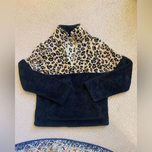 C+D+M black/cheetah print half-zip mock neck sherpa